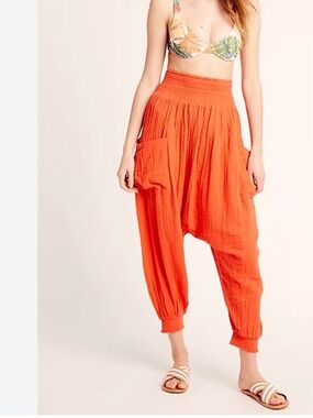 Free People Vibrant Orange Smocked-Waist Harem Pants